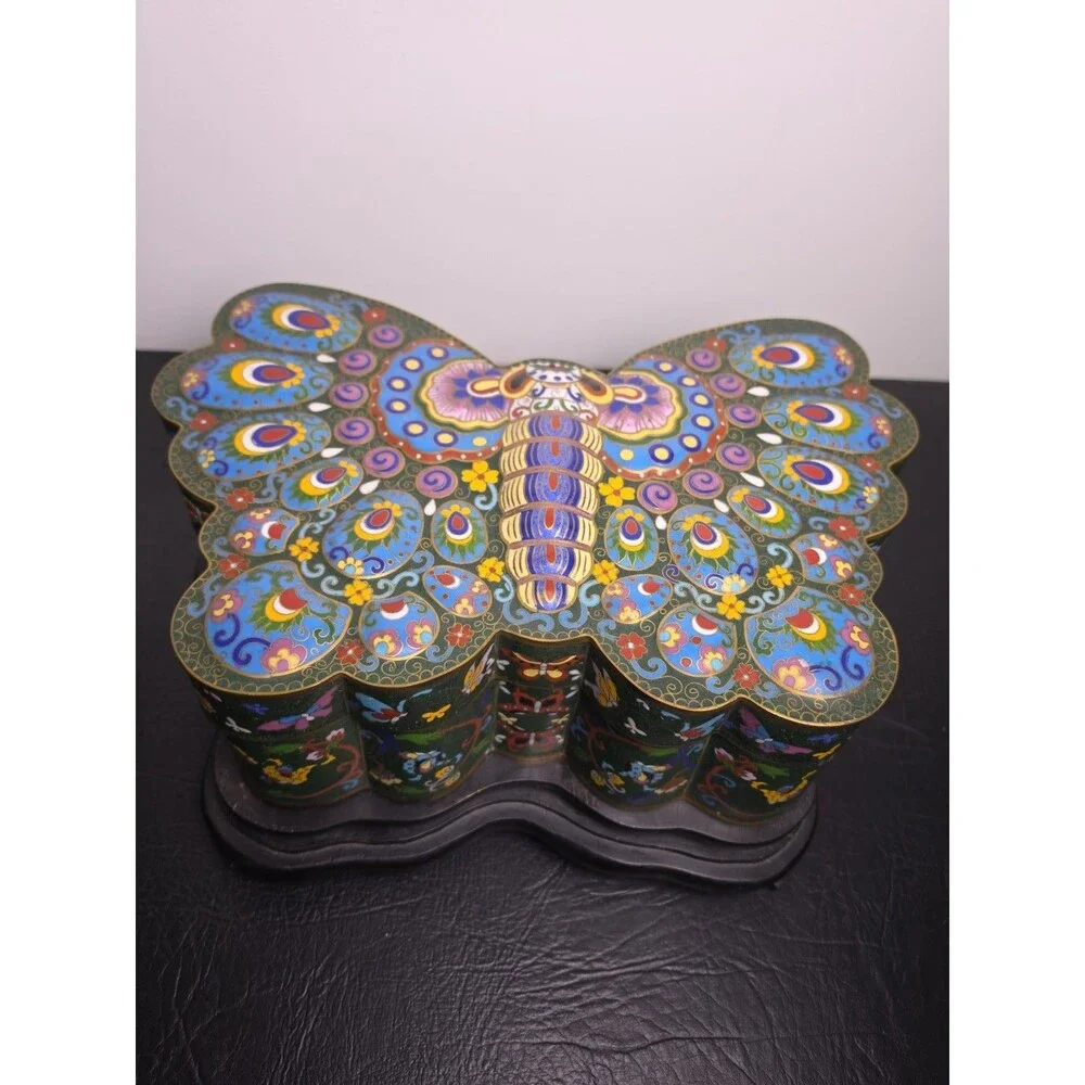 Large Vintage Chinese Cloisonne Butterfly Presentation Box Enamel over Brass 15